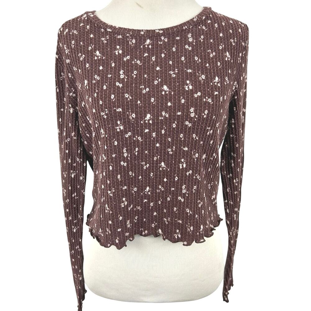 Aeropostale Brown Ditsy Floral Waffle Knit Long Sleeve Top L Y2K Lettuce Hem